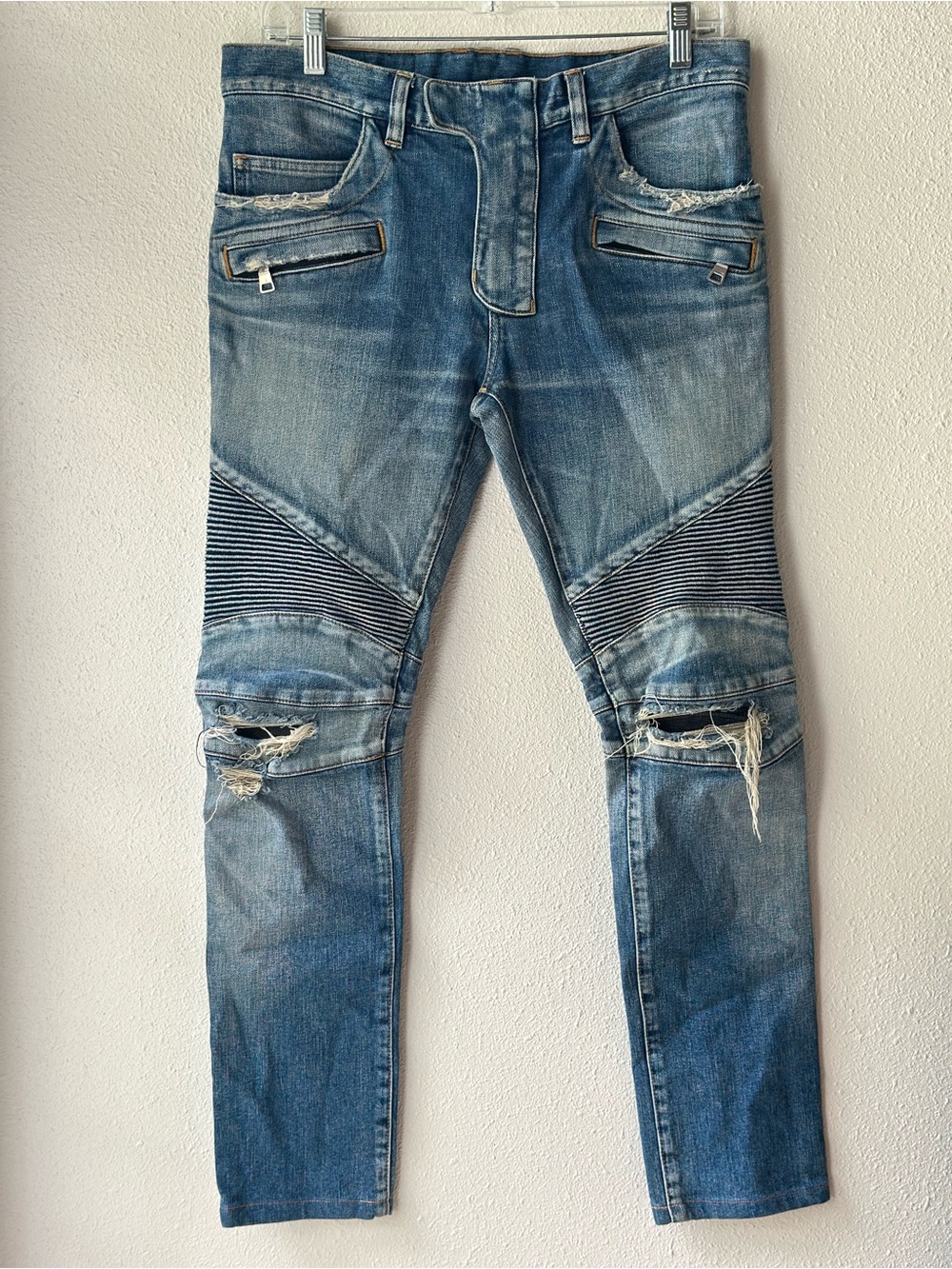 Authentic BALMAIN PARIS Men's Biker Jeans Blue Distressed Moto Denim Size 30
